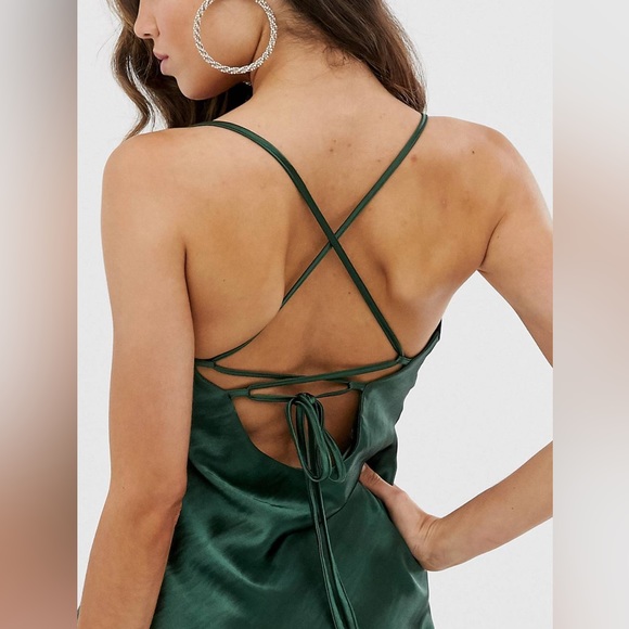 ASOS DESIGN Cami Mini Slip Dress in High Shine Satin with Lace Up Back in Green - Picture 2 of 4